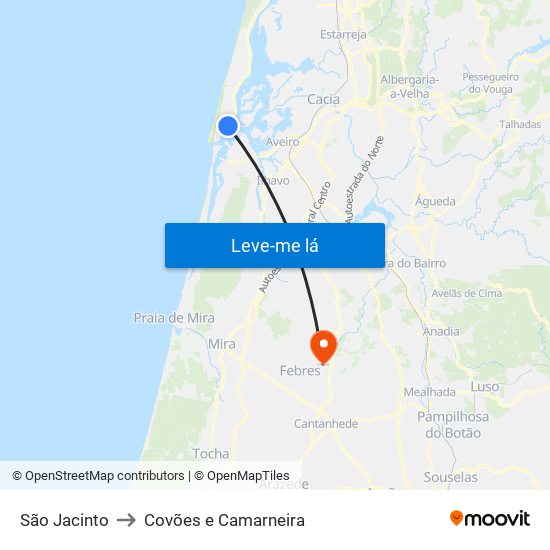 São Jacinto to Covões e Camarneira map