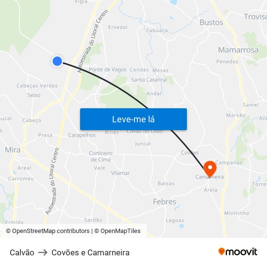 Calvão to Covões e Camarneira map