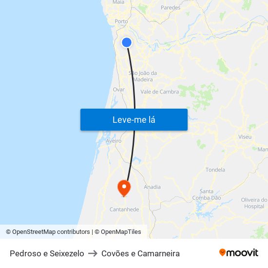 Pedroso e Seixezelo to Covões e Camarneira map