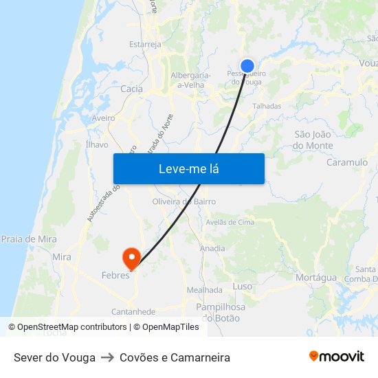 Sever do Vouga to Covões e Camarneira map