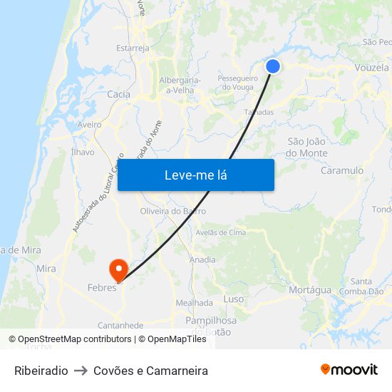 Ribeiradio to Covões e Camarneira map