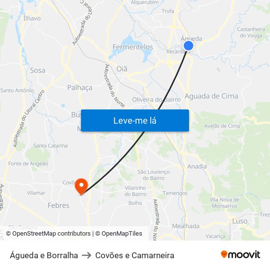 Águeda e Borralha to Covões e Camarneira map