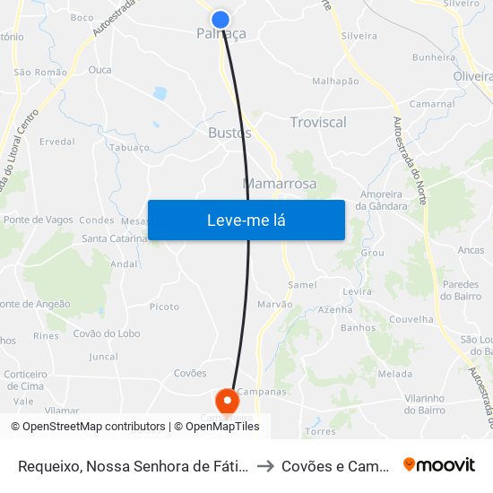 Requeixo, Nossa Senhora de Fátima e Nariz to Covões e Camarneira map