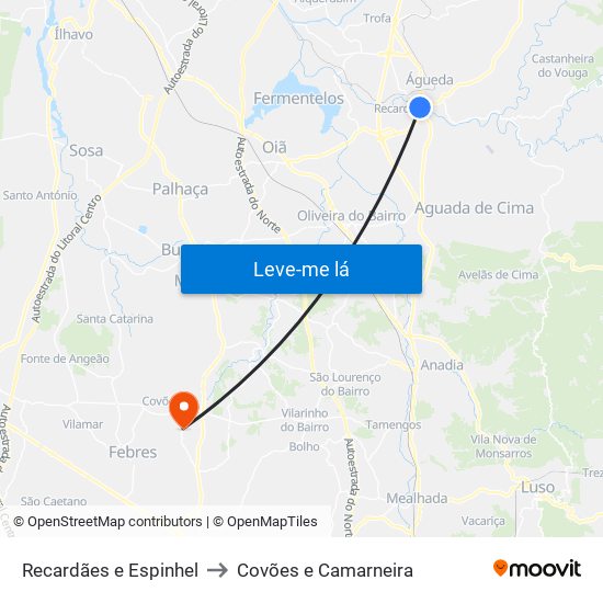 Recardães e Espinhel to Covões e Camarneira map
