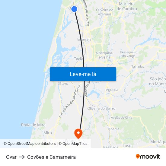 Ovar to Covões e Camarneira map