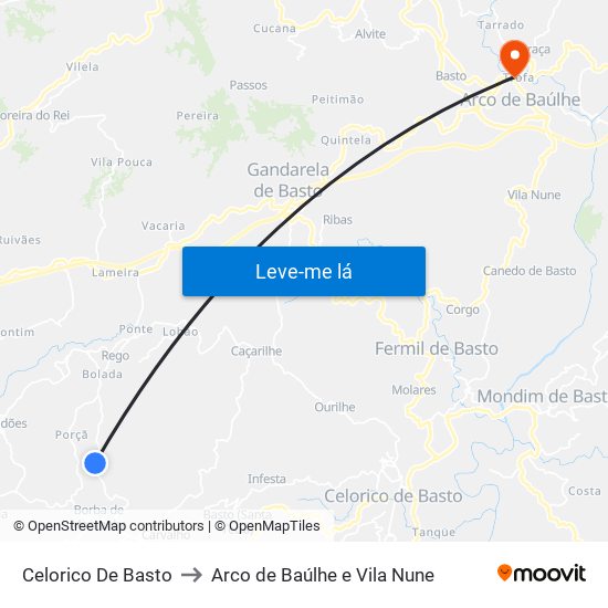 Celorico De Basto to Arco de Baúlhe e Vila Nune map