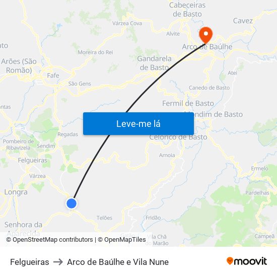 Felgueiras to Arco de Baúlhe e Vila Nune map