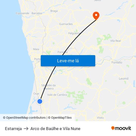 Estarreja to Arco de Baúlhe e Vila Nune map
