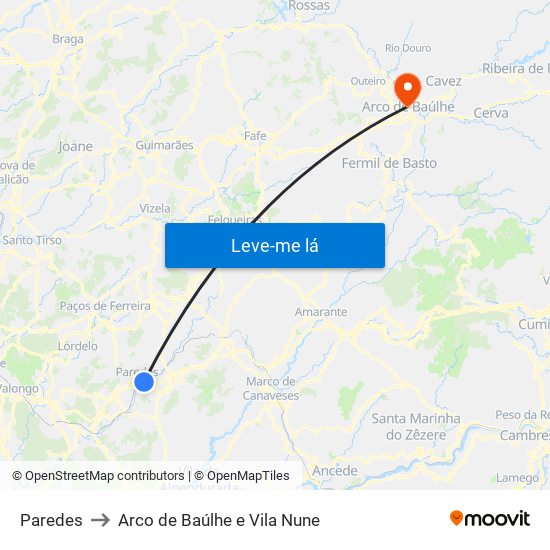 Paredes to Arco de Baúlhe e Vila Nune map