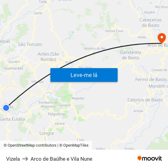 Vizela to Arco de Baúlhe e Vila Nune map