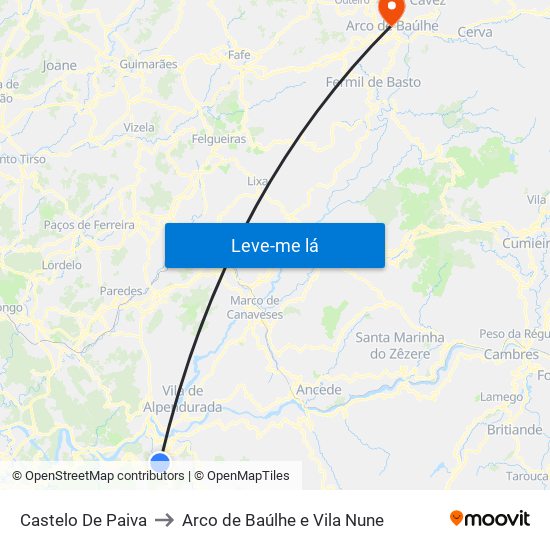 Castelo De Paiva to Arco de Baúlhe e Vila Nune map