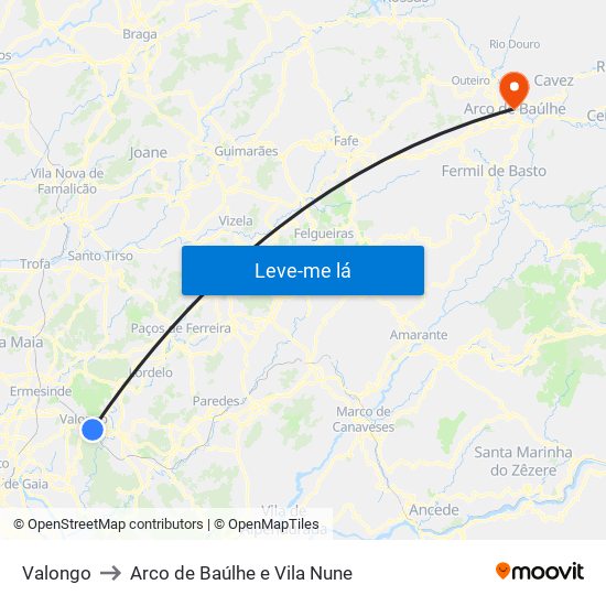 Valongo to Arco de Baúlhe e Vila Nune map