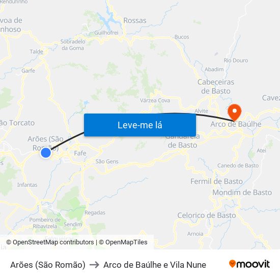 Arões (São Romão) to Arco de Baúlhe e Vila Nune map