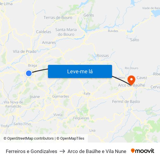 Ferreiros e Gondizalves to Arco de Baúlhe e Vila Nune map