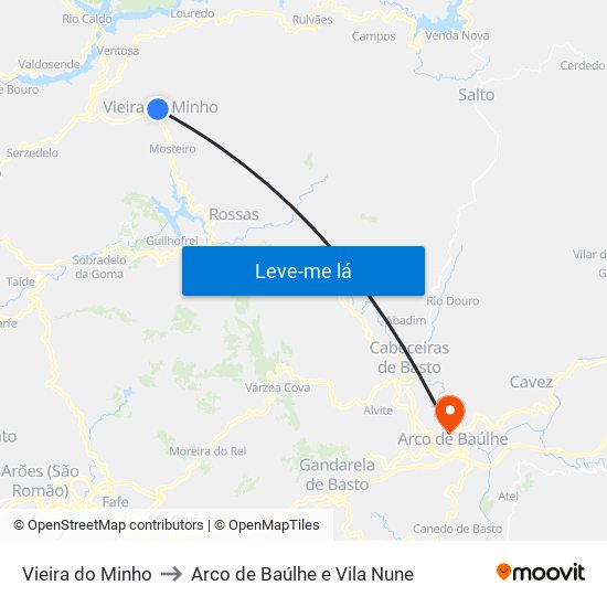 Vieira do Minho to Arco de Baúlhe e Vila Nune map