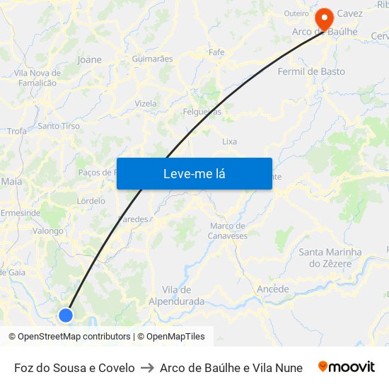 Foz do Sousa e Covelo to Arco de Baúlhe e Vila Nune map