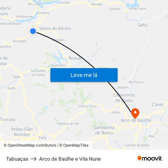 Tabuaças to Arco de Baúlhe e Vila Nune map