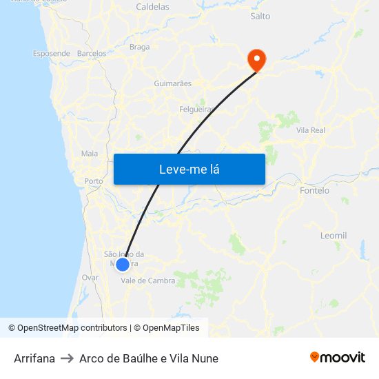 Arrifana to Arco de Baúlhe e Vila Nune map