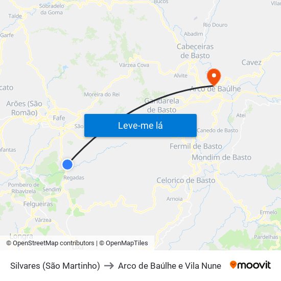 Silvares (São Martinho) to Arco de Baúlhe e Vila Nune map