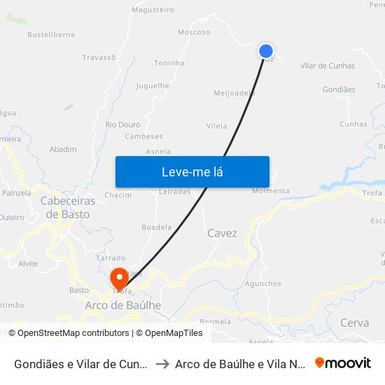 Gondiães e Vilar de Cunhas to Arco de Baúlhe e Vila Nune map