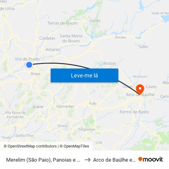 Merelim (São Paio), Panoias e Parada de Tibães to Arco de Baúlhe e Vila Nune map
