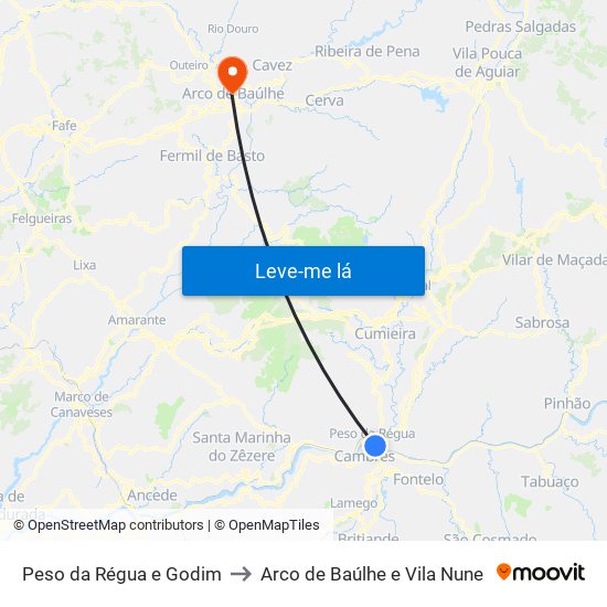 Peso da Régua e Godim to Arco de Baúlhe e Vila Nune map