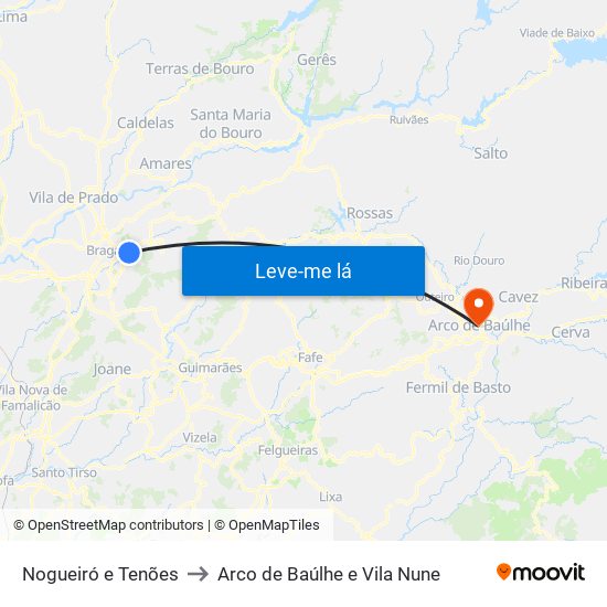 Nogueiró e Tenões to Arco de Baúlhe e Vila Nune map