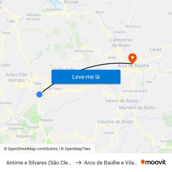 Antime e Silvares (São Clemente) to Arco de Baúlhe e Vila Nune map