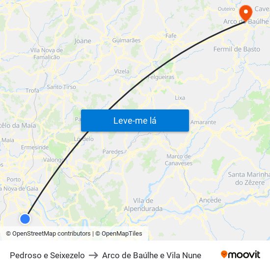 Pedroso e Seixezelo to Arco de Baúlhe e Vila Nune map
