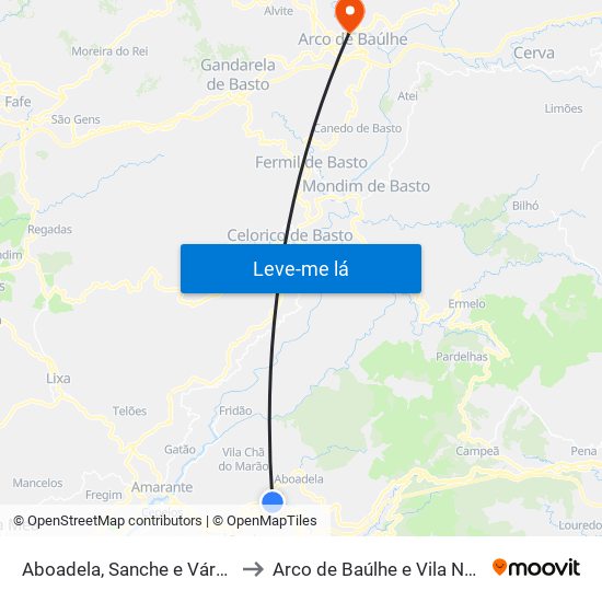Aboadela, Sanche e Várzea to Arco de Baúlhe e Vila Nune map