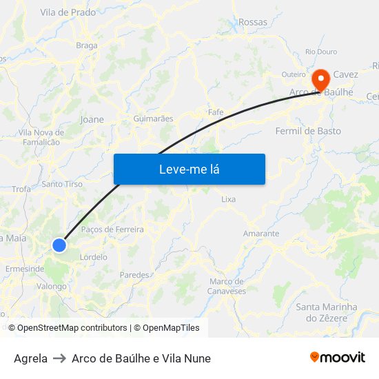 Agrela to Arco de Baúlhe e Vila Nune map