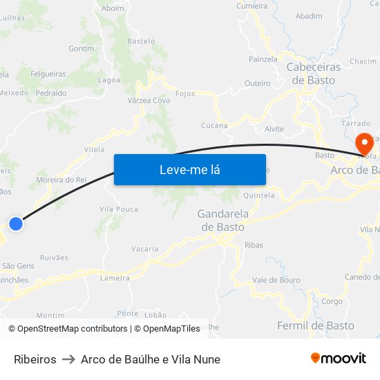 Ribeiros to Arco de Baúlhe e Vila Nune map