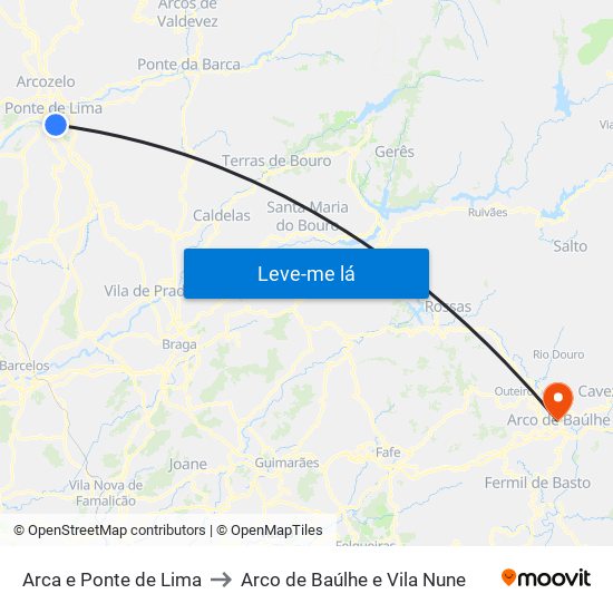 Arca e Ponte de Lima to Arco de Baúlhe e Vila Nune map