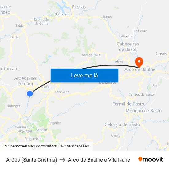 Arões (Santa Cristina) to Arco de Baúlhe e Vila Nune map