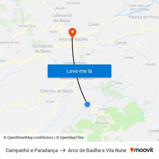 Campanhó e Paradança to Arco de Baúlhe e Vila Nune map