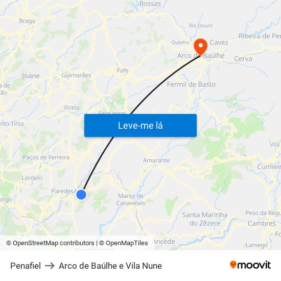 Penafiel to Arco de Baúlhe e Vila Nune map