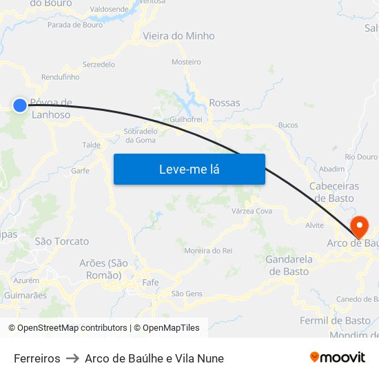 Ferreiros to Arco de Baúlhe e Vila Nune map