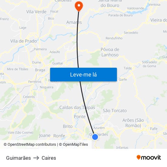 Guimarães to Caires map