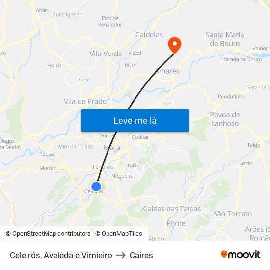 Celeirós, Aveleda e Vimieiro to Caires map