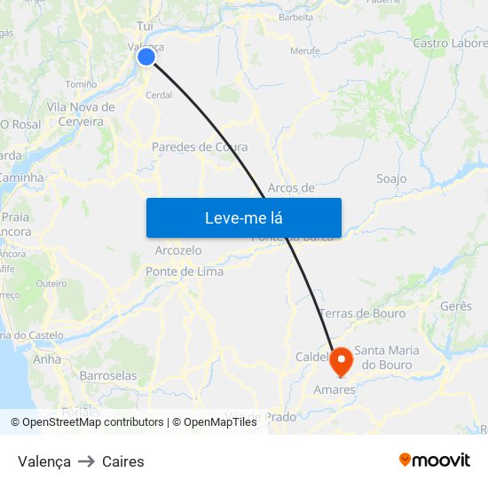 Valença to Caires map