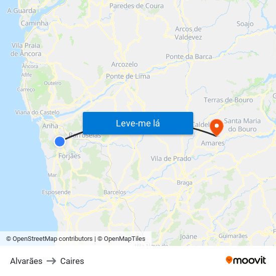 Alvarães to Caires map