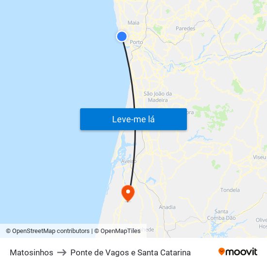 Matosinhos to Ponte de Vagos e Santa Catarina map