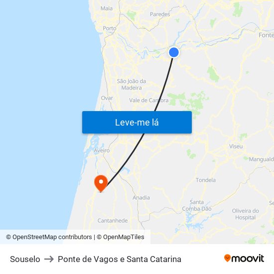 Souselo to Ponte de Vagos e Santa Catarina map