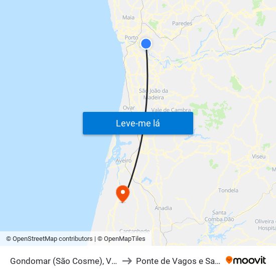 Gondomar (São Cosme), Valbom e Jovim to Ponte de Vagos e Santa Catarina map