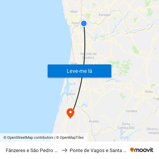 Fânzeres e São Pedro da Cova to Ponte de Vagos e Santa Catarina map