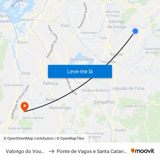 Valongo do Vouga to Ponte de Vagos e Santa Catarina map