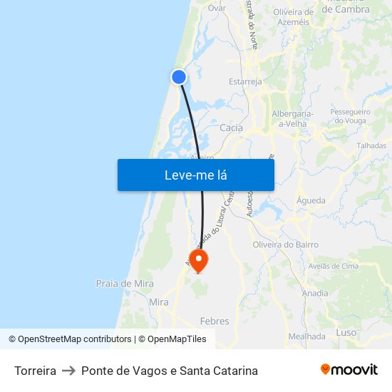 Torreira to Ponte de Vagos e Santa Catarina map