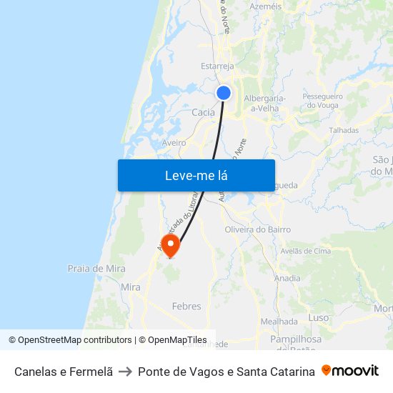 Canelas e Fermelã to Ponte de Vagos e Santa Catarina map