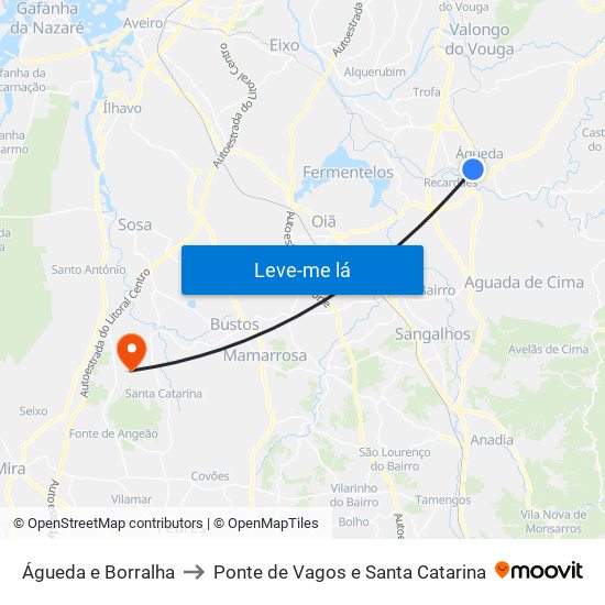 Águeda e Borralha to Ponte de Vagos e Santa Catarina map