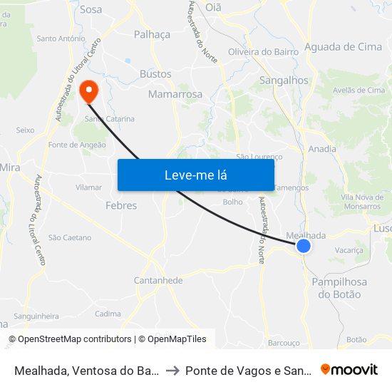 Mealhada, Ventosa do Bairro e Antes to Ponte de Vagos e Santa Catarina map